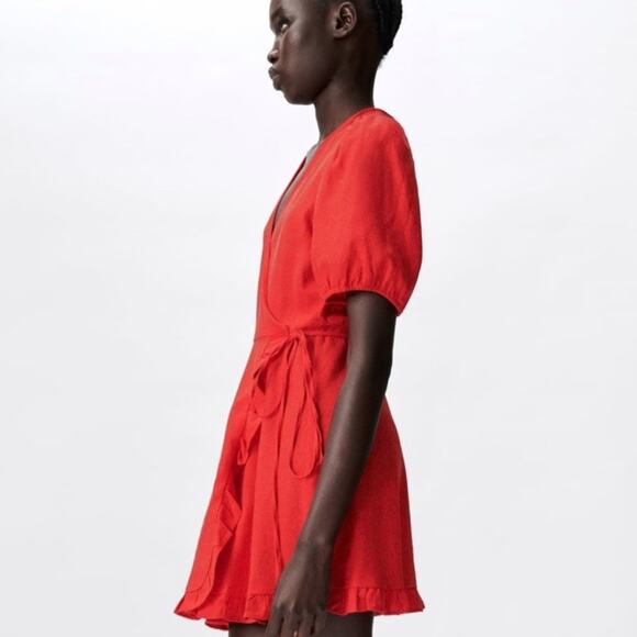 Women's Zara Red Lined Blend Wrap Puffed Sleeve Mini Dress Size XS - Picture 4 of 12